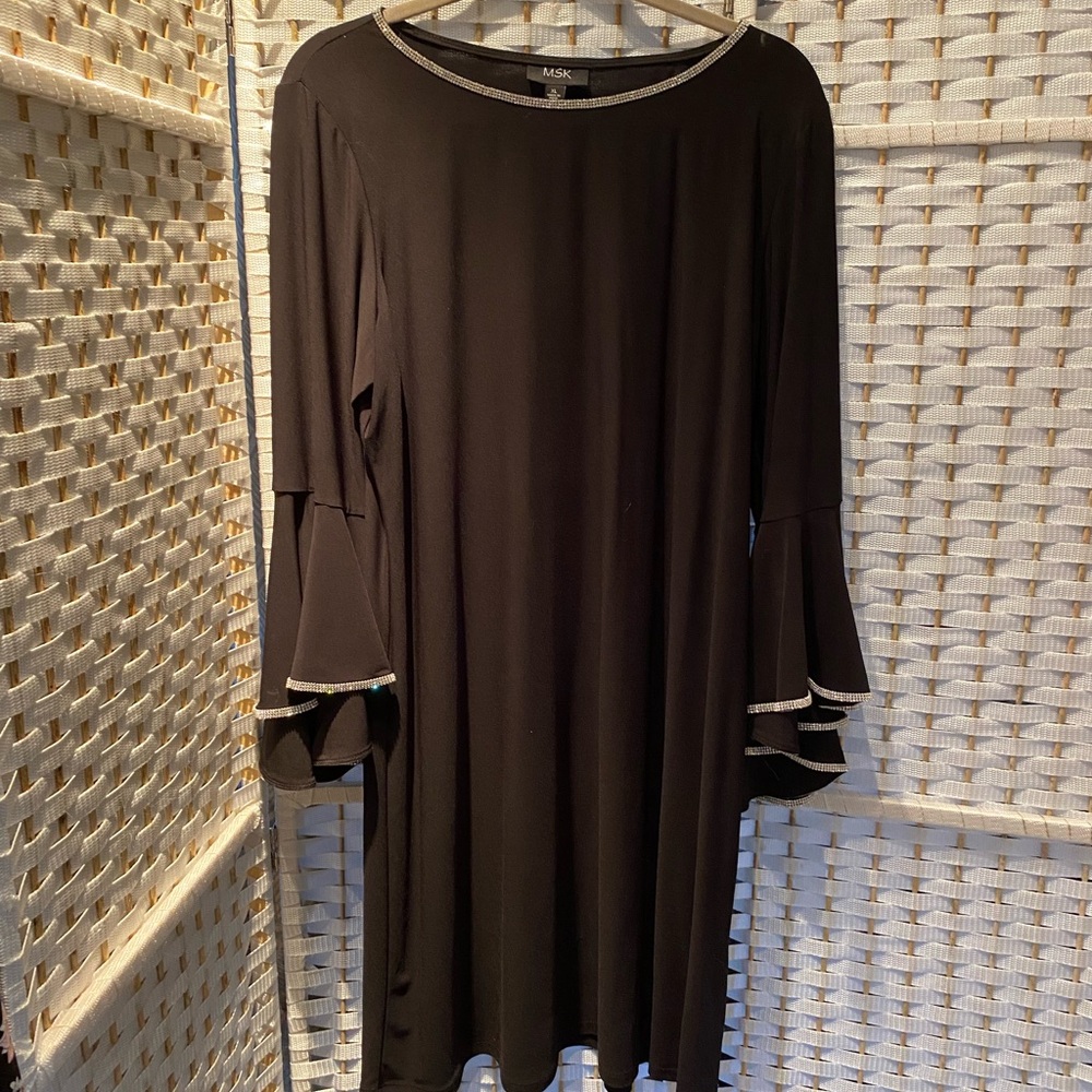 MSK Black XL dress,3/4 sleeves,boat neck,Rhinestones trim neckline and sleeves.